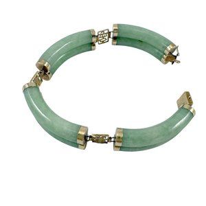 Jadeite Bracelet 4 Curved Links Double Cylinders 14K585 Yellow Gold Asian Clasp